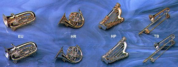 Broschen Musikinstrumenten Miniaturen; Euphonium, Horn, Harfe, Posaune