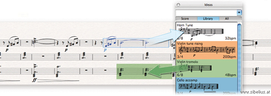 Sibelius Ideensammlung - Speichern Sie musikalische Passagen beliebiger Länge und Art, für eine beliebige Anzahl an Instrumenten. Gespeicherte Ideen können Sie bearbeiten, mit eigenen Suchbegriffen zum späteren Wiederfinden versehen und farblich kodieren.