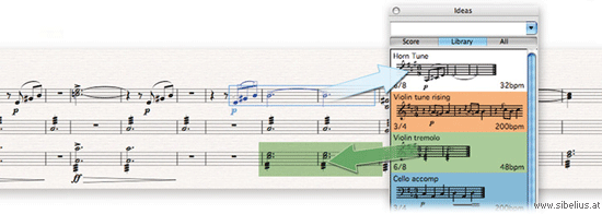 Sibelius Ideensammlung - Speichern Sie musikalische Passagen beliebiger L�nge und Art, f�r eine beliebige Anzahl an Instrumenten. Gespeicherte Ideen k�nnen Sie bearbeiten, mit eigenen Suchbegriffen zum sp�teren Wiederfinden versehen und farblich kodieren.