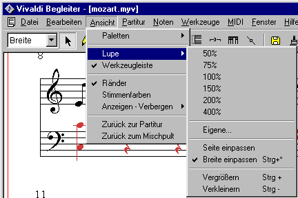 Menue_Ansicht_Lupe Menue Screenshot Vivaldistudio Musiksoftware
