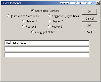 MusicTime Text-Elemente wie Notentitel Komponist Copyright usw. eingeben