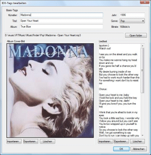 Radiotracker verfügt über eine Internetsuche und vervollständigt automatisch nach Abschluß der Aufzeichnung der MP3 Musikdateien die ID3-tags, Liedtexte und Coverbilder.